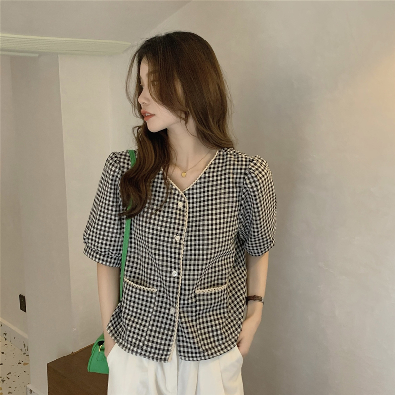 Retro V-neck puff sleeve shirt temperament loose Korean style tops