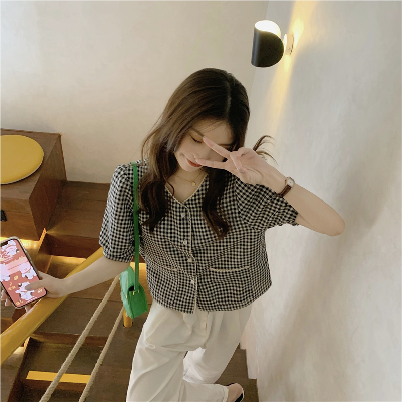 Retro V-neck puff sleeve shirt temperament loose Korean style tops