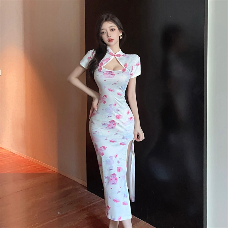 Retro summer slim dress split printing cheongsam
