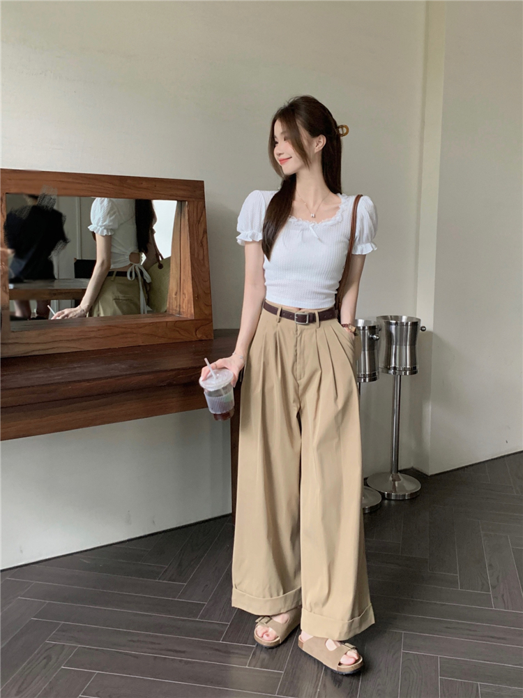 Square collar lace pants all-match slim tops
