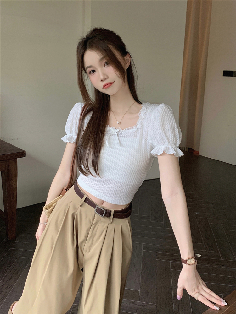 Square collar lace pants all-match slim tops