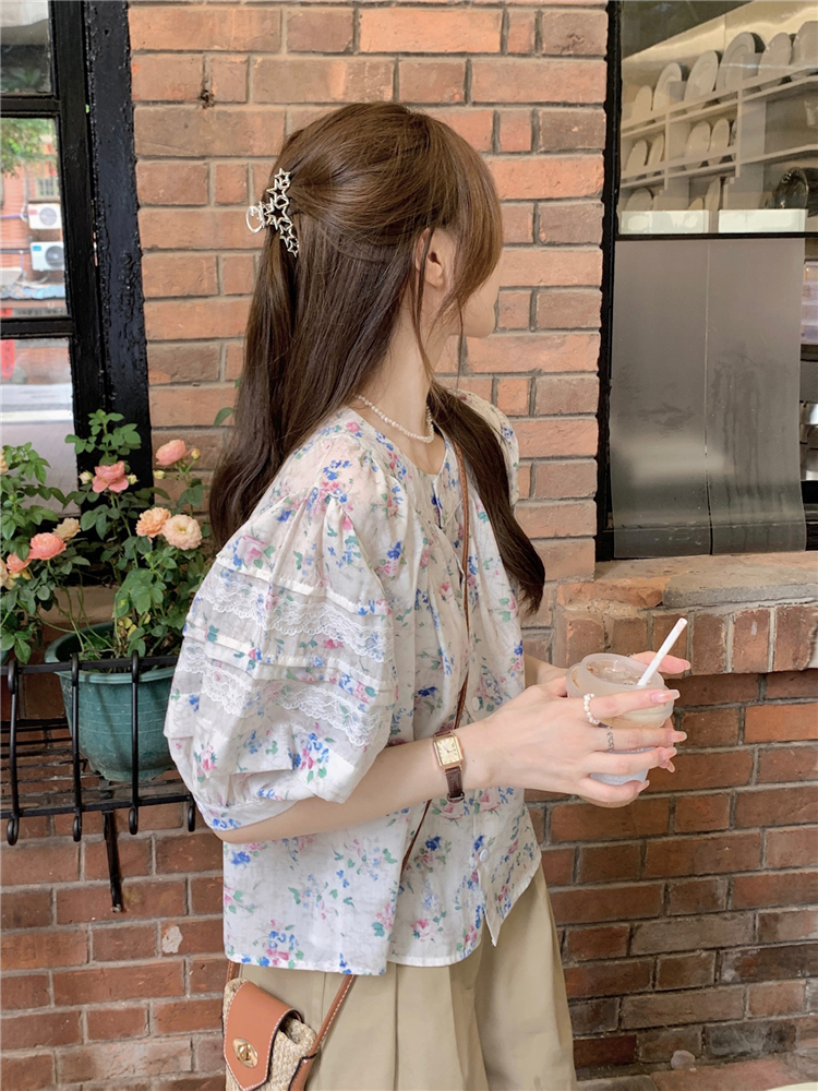 Breasted loose shirt floral Korean style tops for women