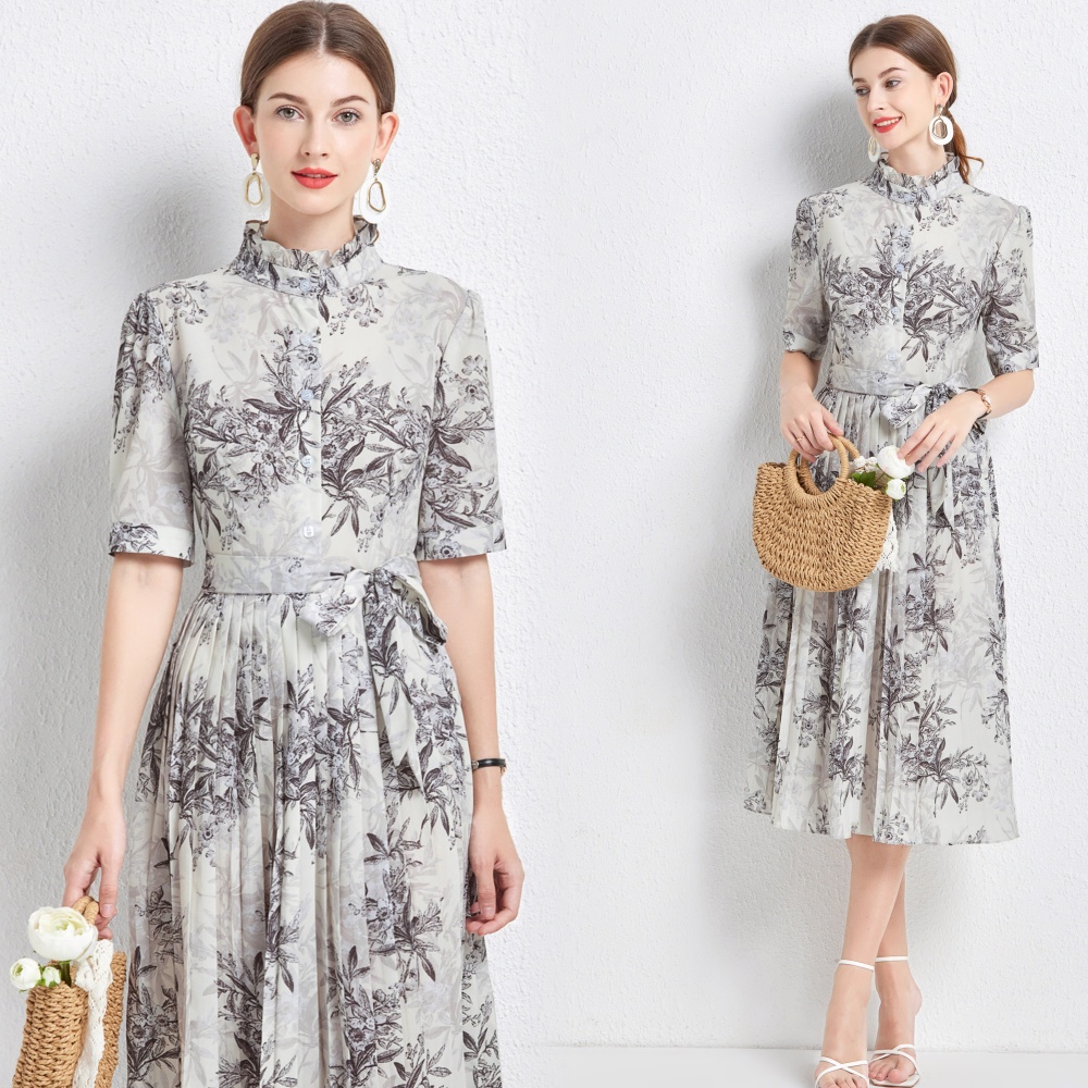 Ink pinched waist printing European style dress