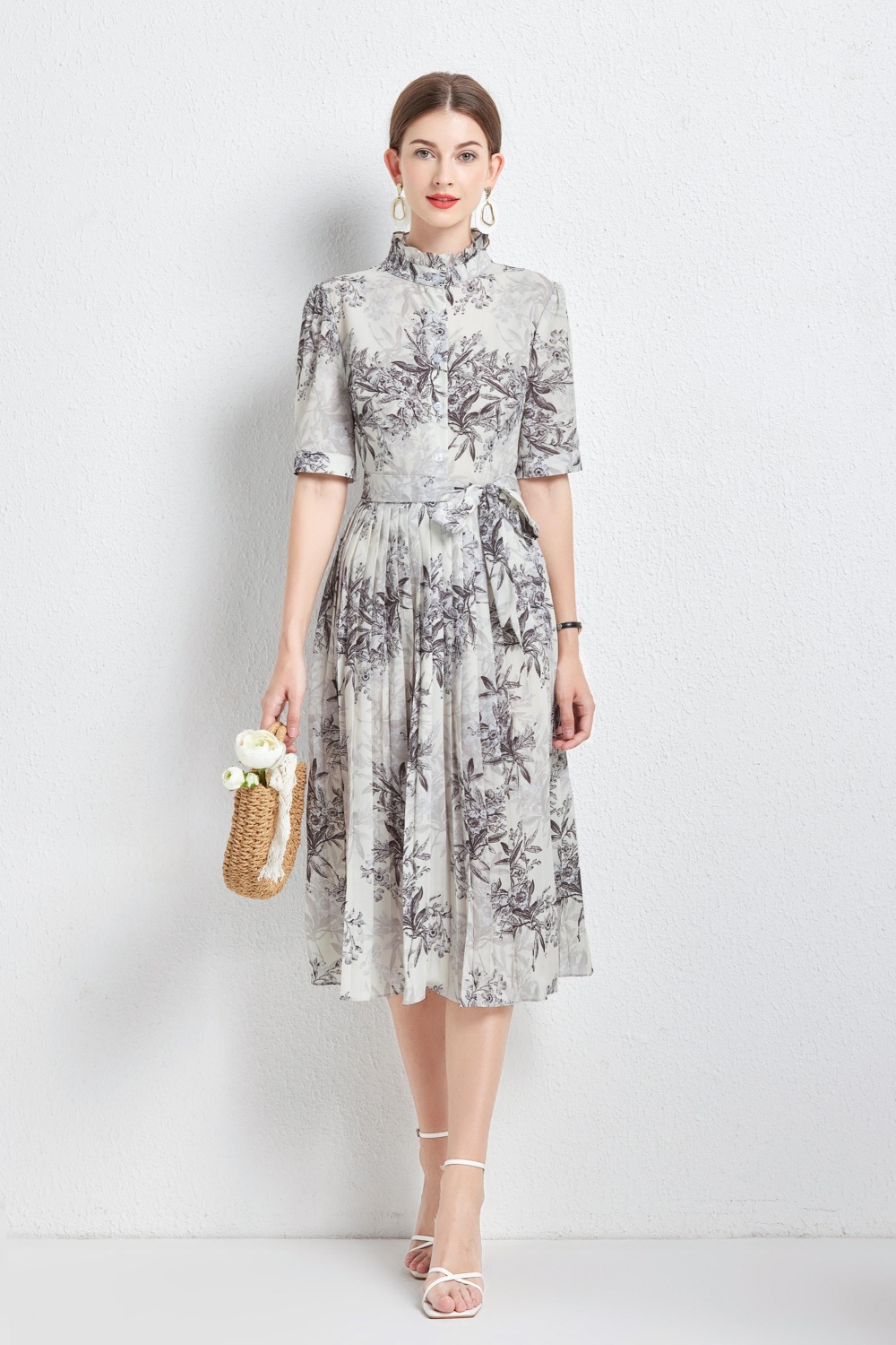 Ink pinched waist printing European style dress