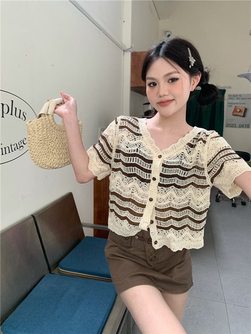 Crochet hollow knitted tops retro short sleeve cardigan