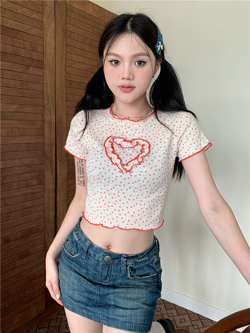 Heart floral T-shirt wood ear short tops