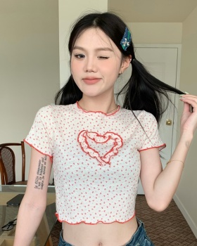 Heart floral T-shirt wood ear short tops
