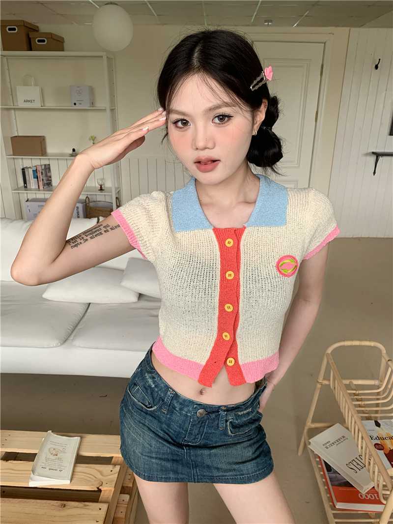 Mixed colors lapel tops knitted short T-shirt