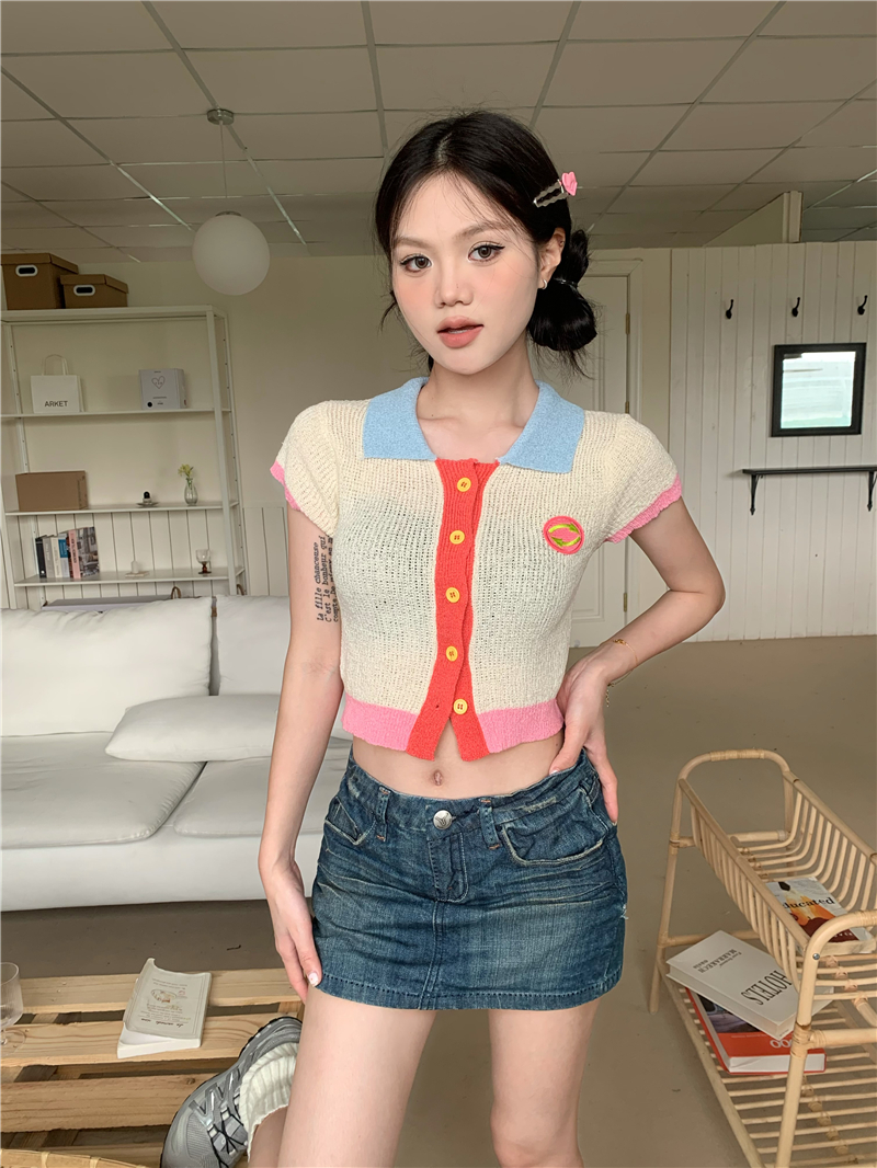 Mixed colors lapel tops knitted short T-shirt