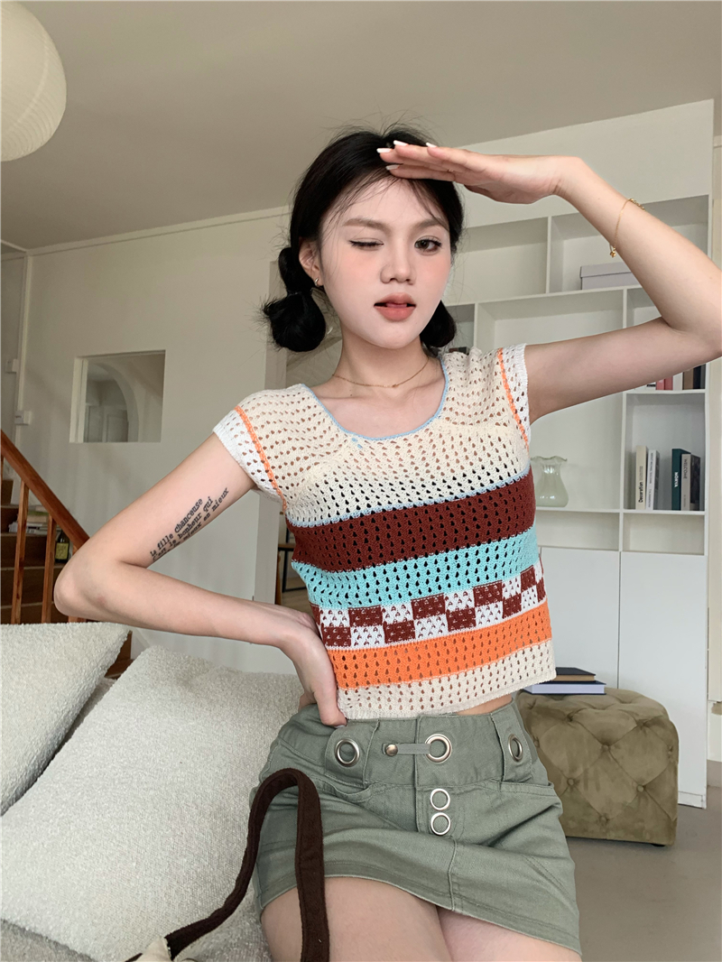 Short sleeve unique tops mixed colors hollow sweater