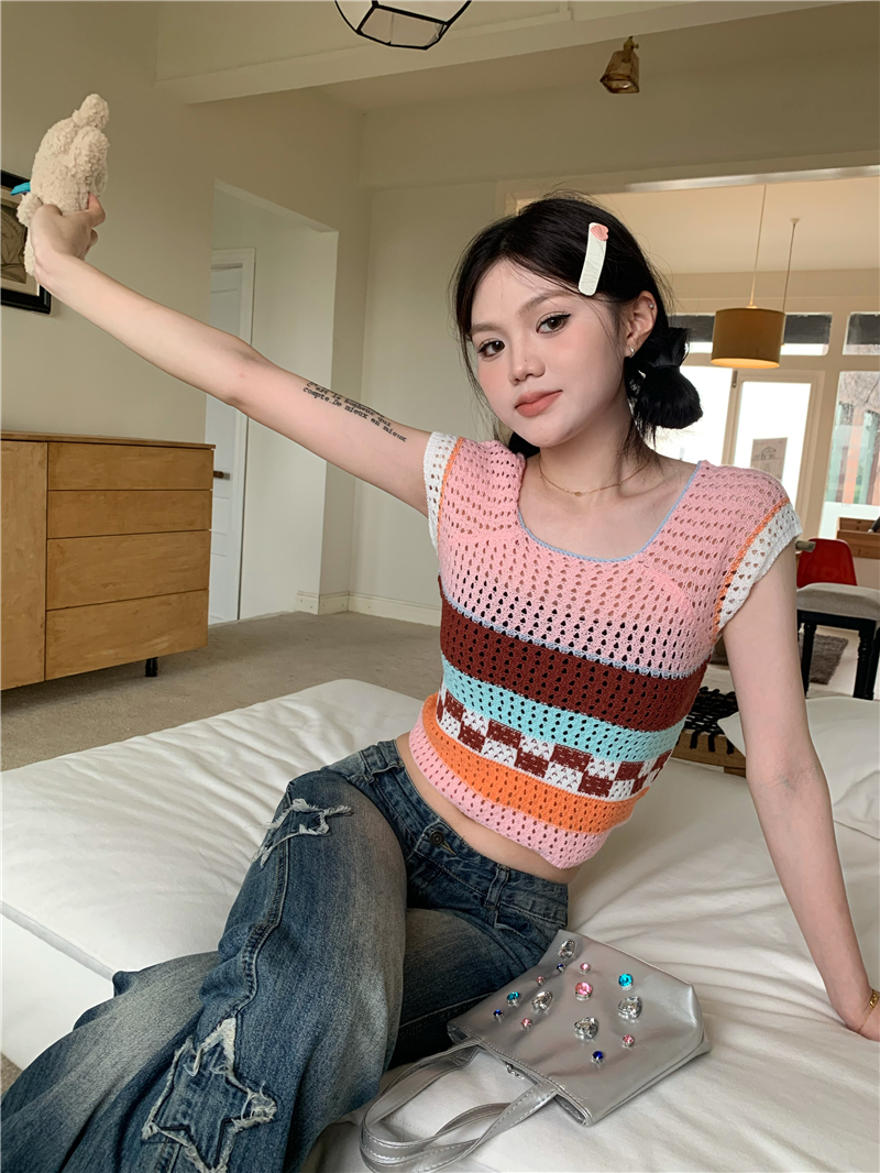 Short sleeve unique tops mixed colors hollow sweater