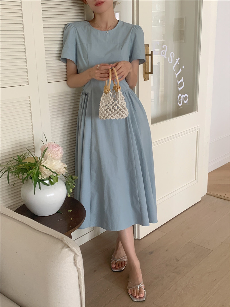 Pinched waist slim long simple pure Korean style temperament dress