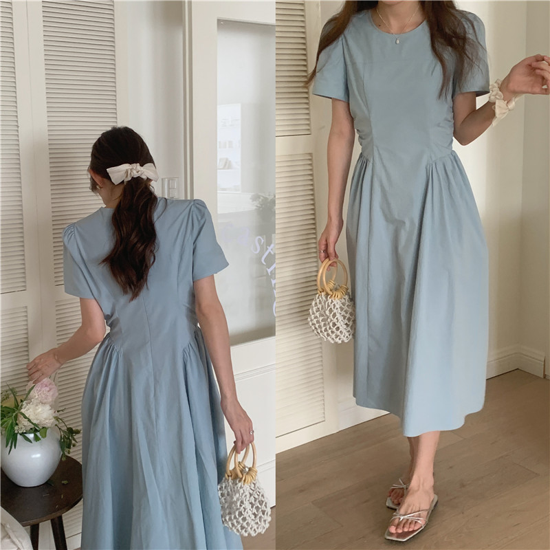 Pinched waist slim long simple pure Korean style temperament dress