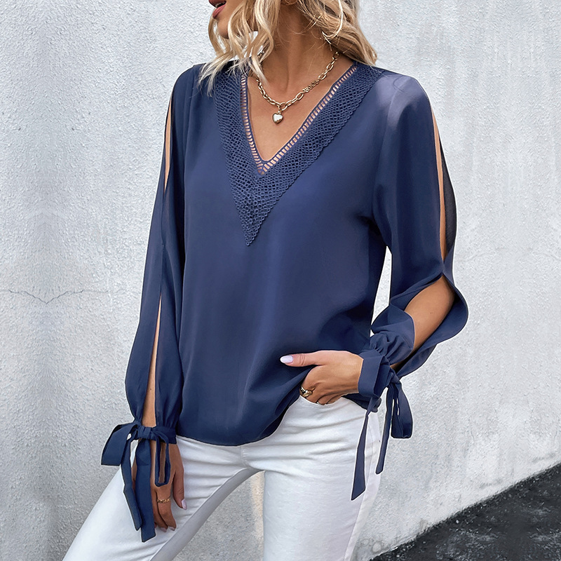 Hollow European style tops long sleeve shirt for women