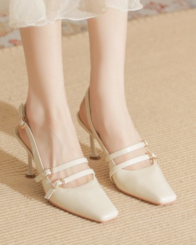 Fine-root square head sandals sheepskin high-heeled shoes for women