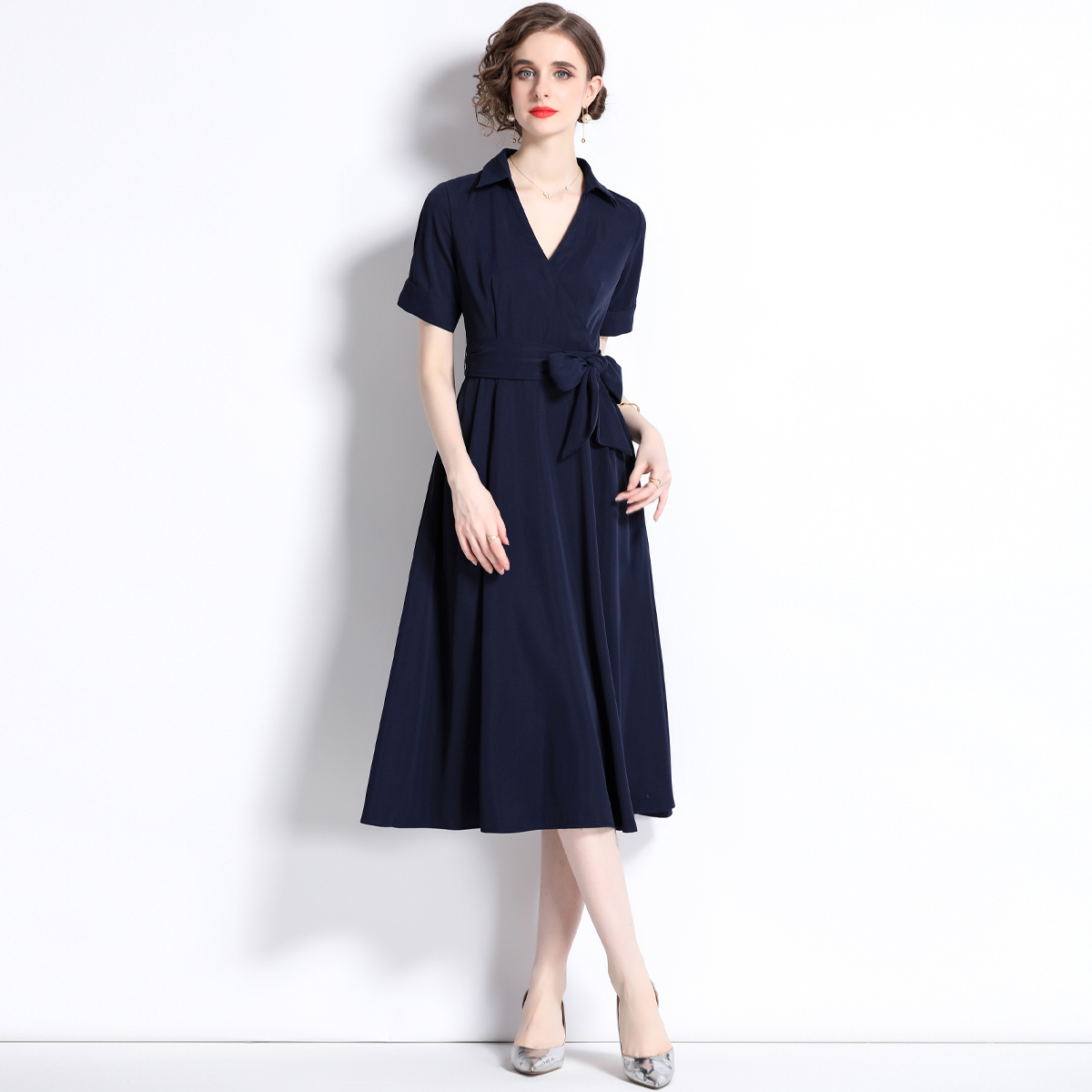 Slim retro France style pinched waist long dress