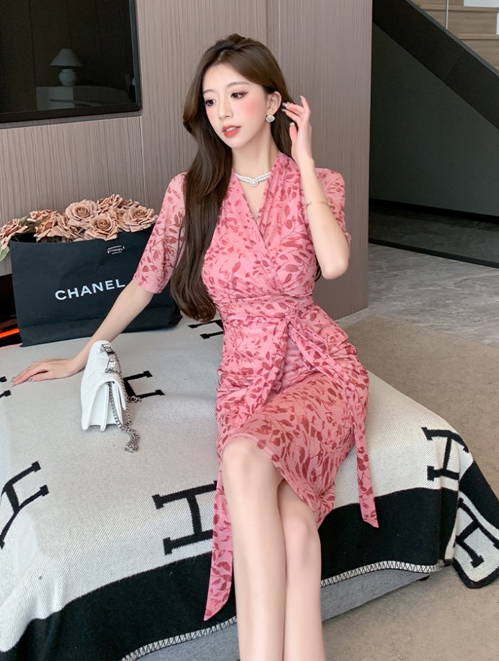 Korean style summer ladies gauze slim floral dress