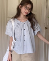 Flat shoulder cotton linen stripe all-match shirt