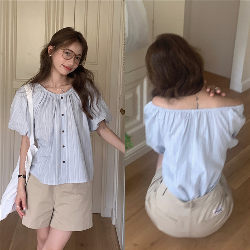 Flat shoulder cotton linen stripe all-match shirt