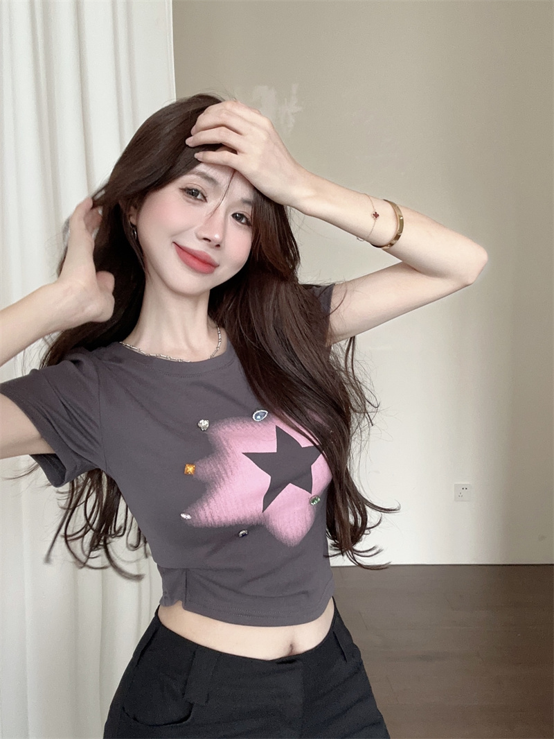 Slim round neck stars tops gem short T-shirt for women