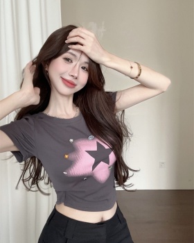 Slim round neck stars tops gem short T-shirt for women