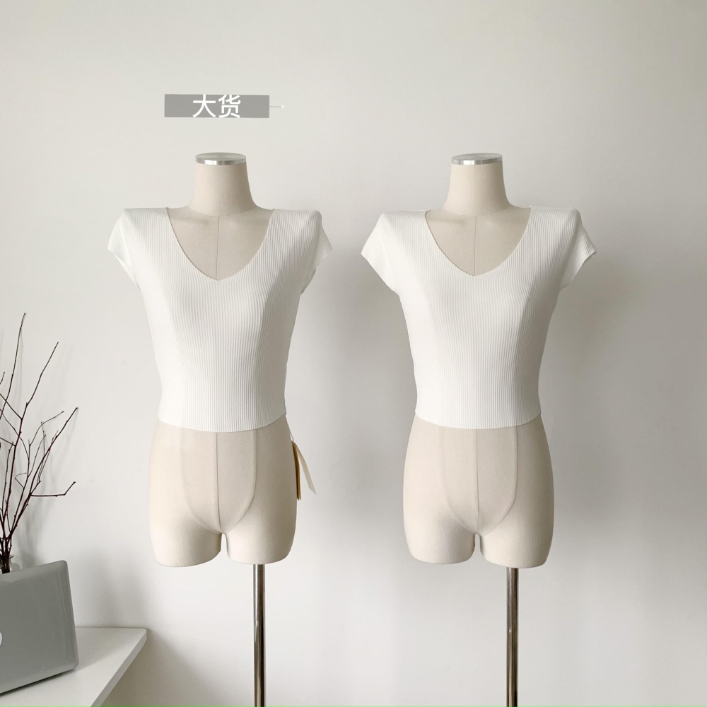 Slim V-neck short tops knitted short sleeve T-shirt for women