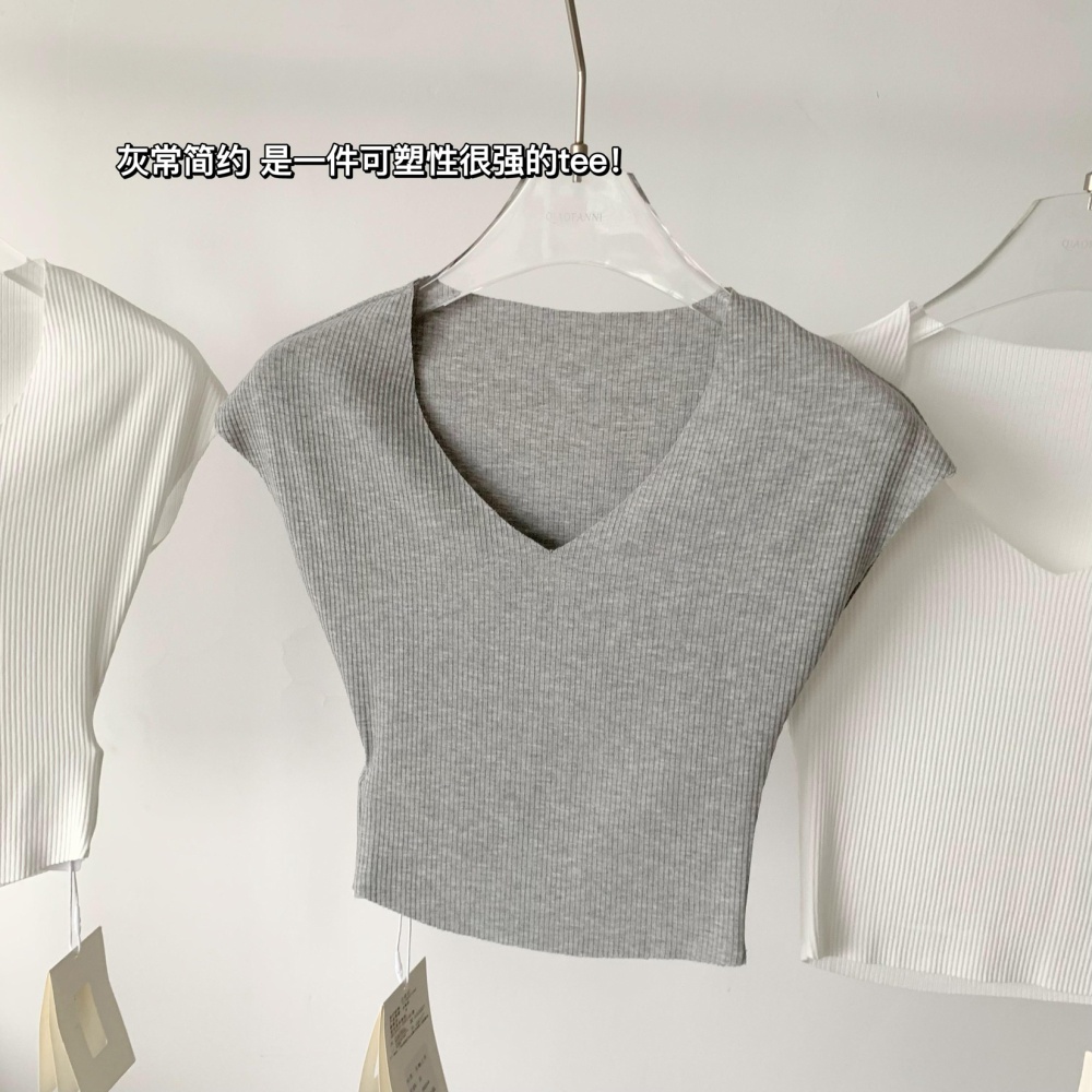 Slim V-neck short tops knitted short sleeve T-shirt for women