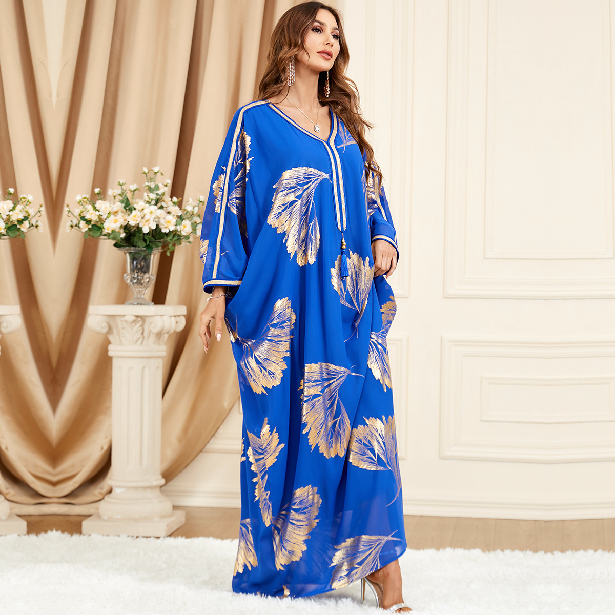 Bat sleeve bronzing large yard chiffon blue tassels dress