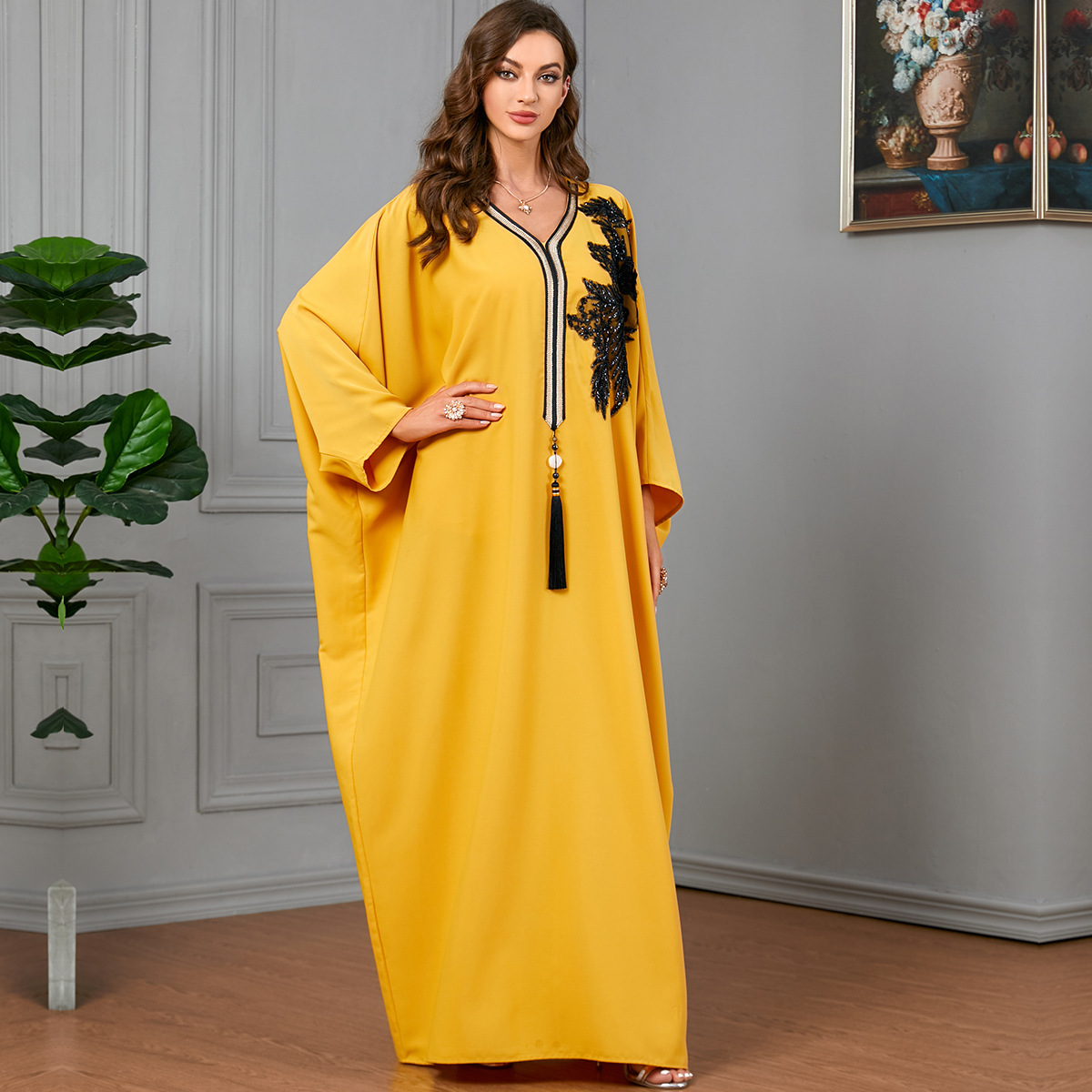 Bat sleeve yellow European style tassels splice dress