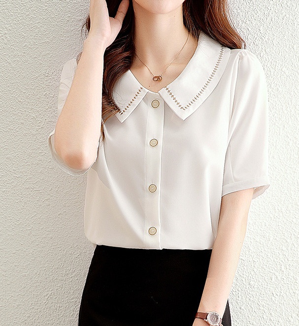 White short sleeve lapel tops slim simple summer shirt