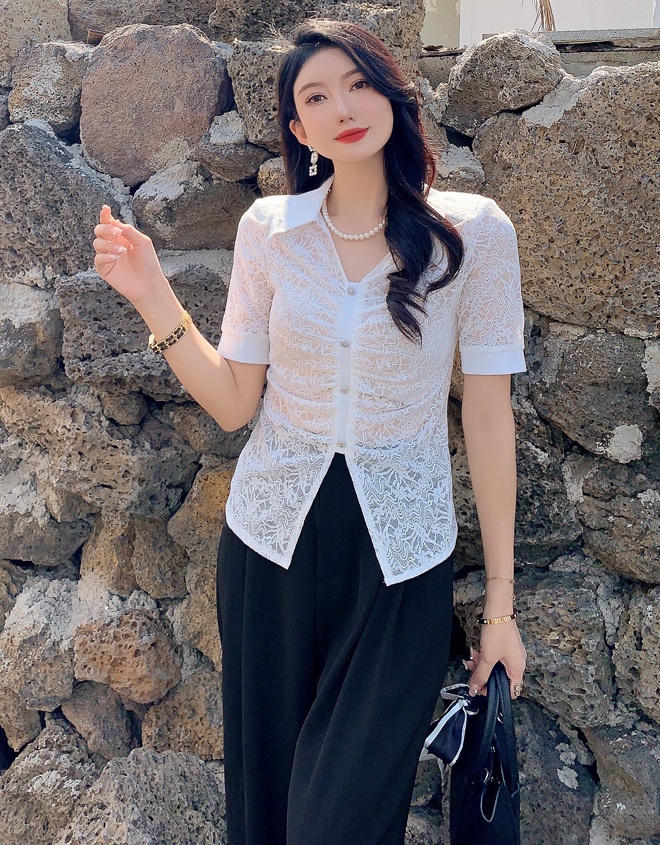 V-neck short sleeve tops lace fashion shirt for women
