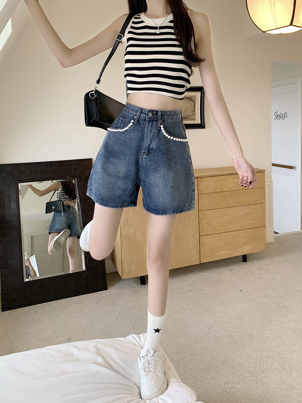 Summer Korean style beading slim all-match short jeans