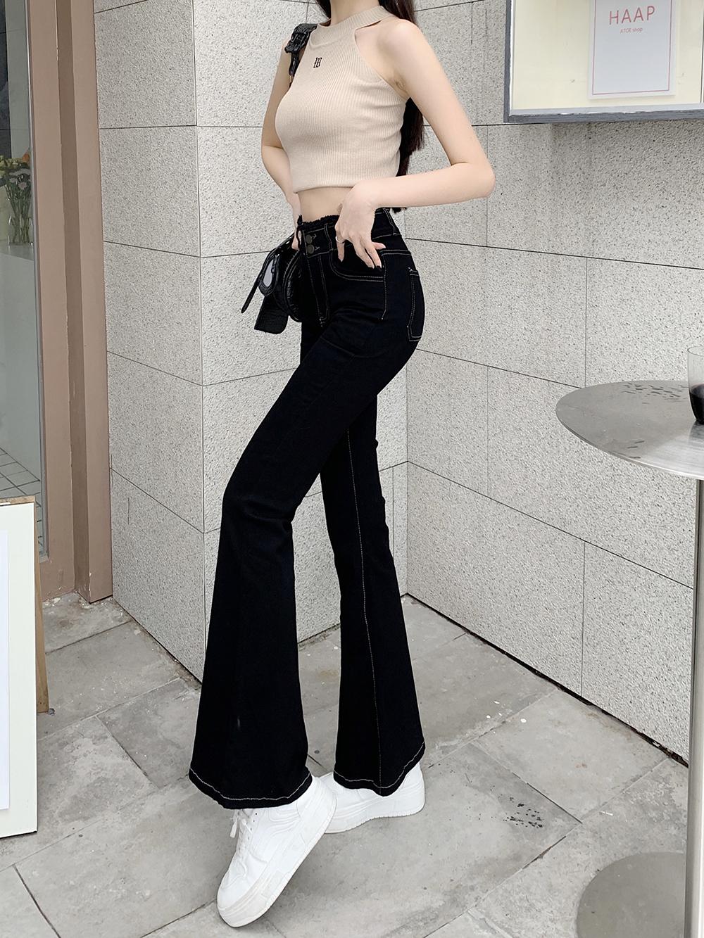 Tight high waist autumn mopping flare pants for women