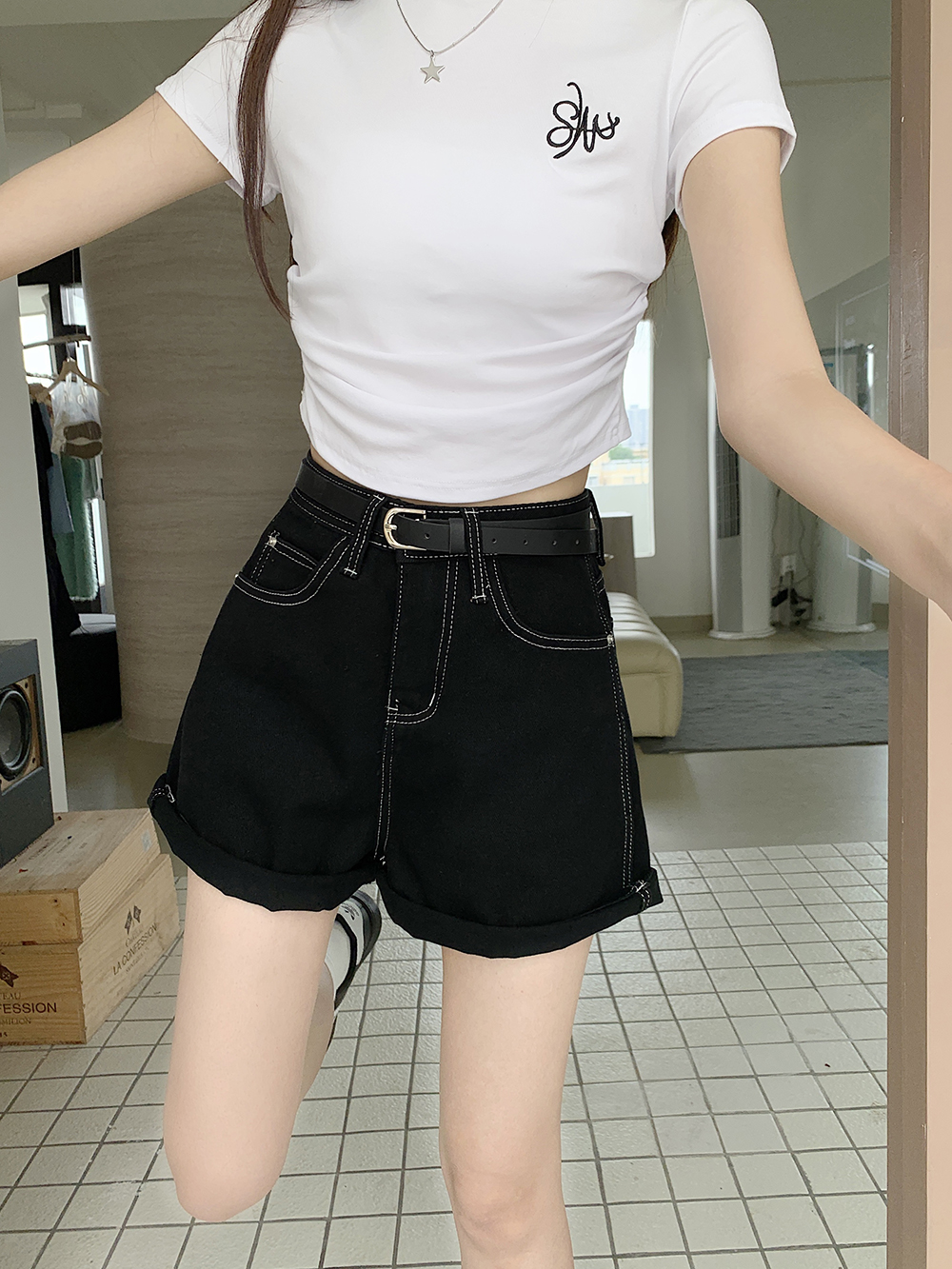 Korean style denim wide leg pants all-match shorts