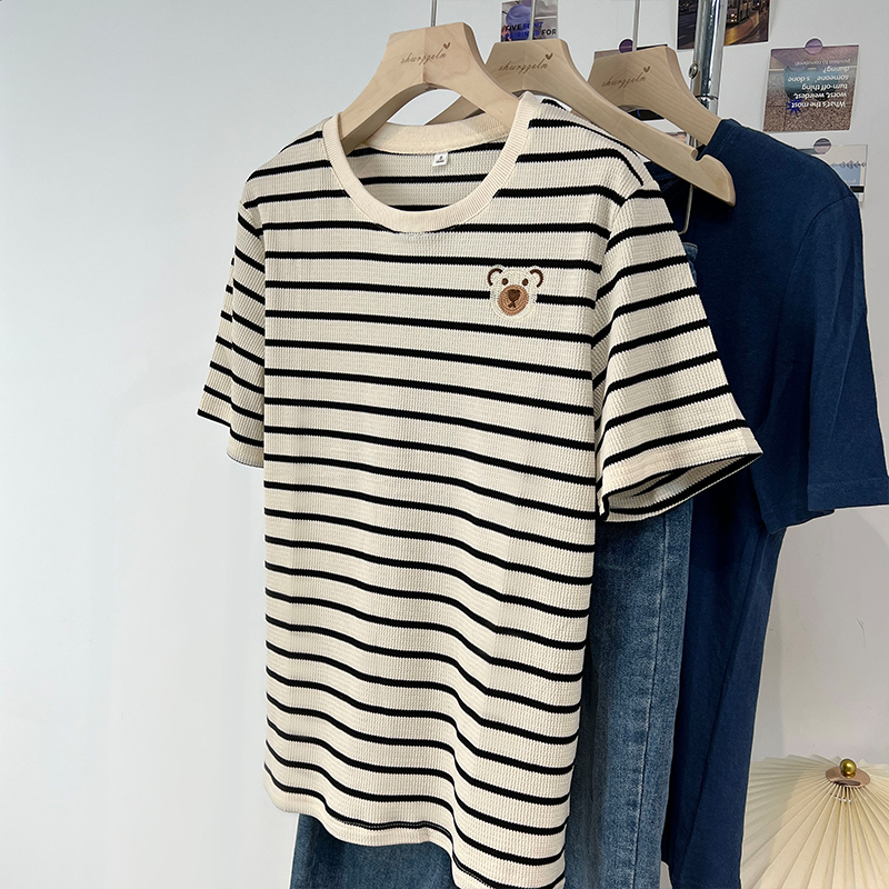 Slim retro cubs T-shirt loose stripe summer tops for women