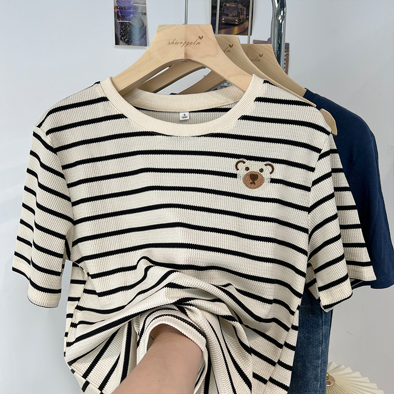 Slim retro cubs T-shirt loose stripe summer tops for women