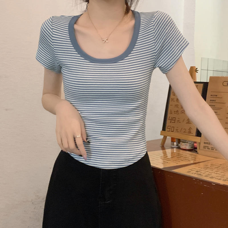 Stripe retro clavicle short sleeve tops for women