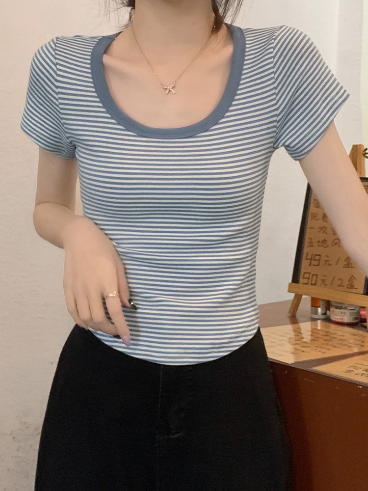 Stripe retro clavicle short sleeve tops for women