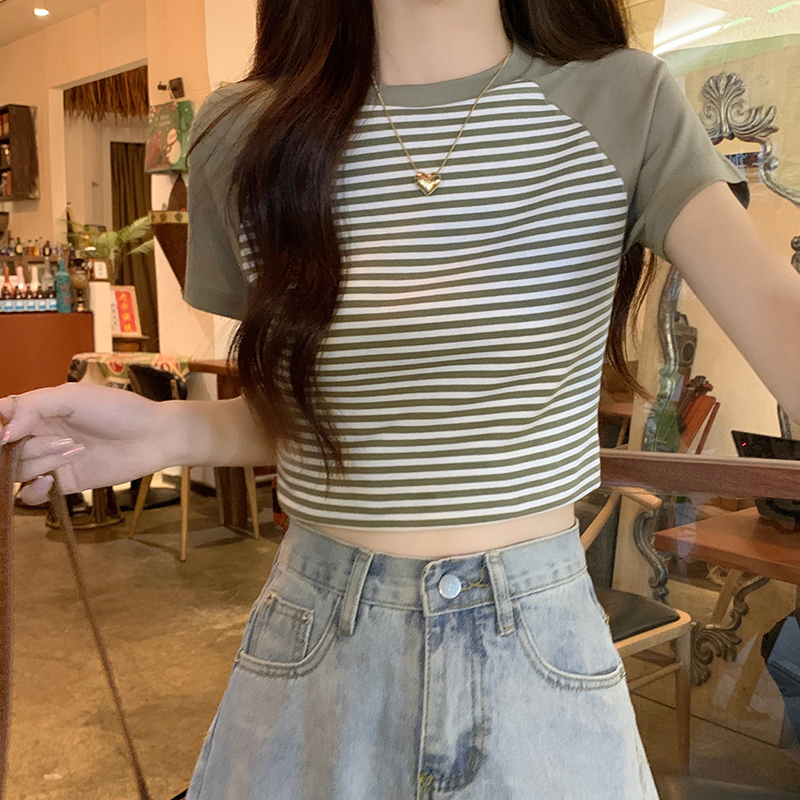 Slim pure cotton short sleeve tops stripe splice T-shirt