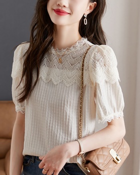 Puff sleeve lace summer all-match round neck small shirt