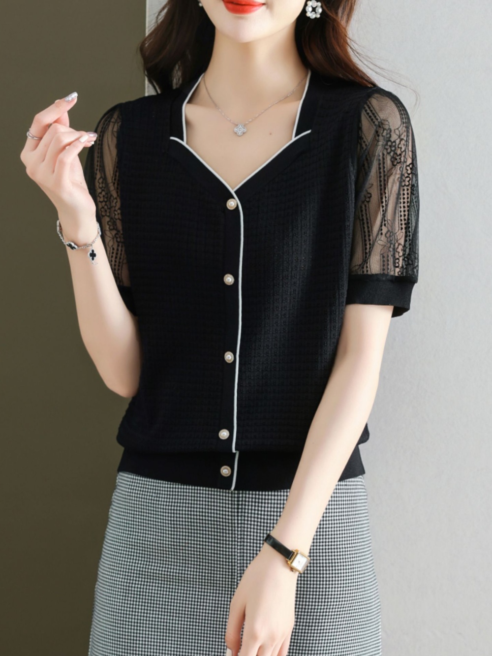 France style short sleeve T-shirt lace Western style tops