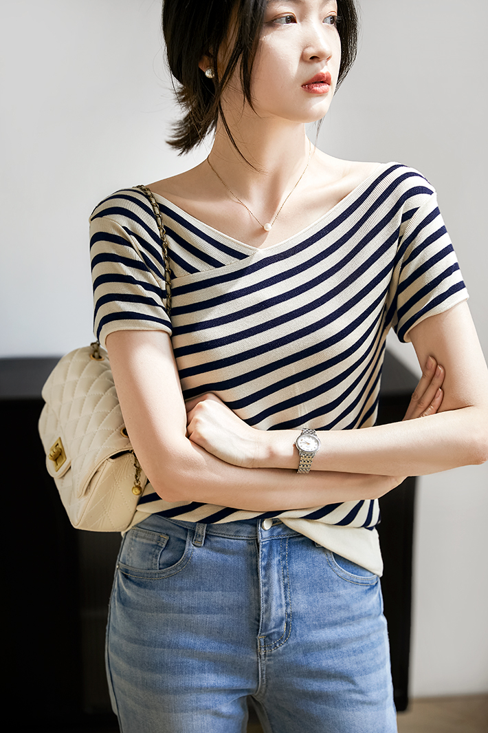 Short sleeve stripe tops cool France style T-shirt