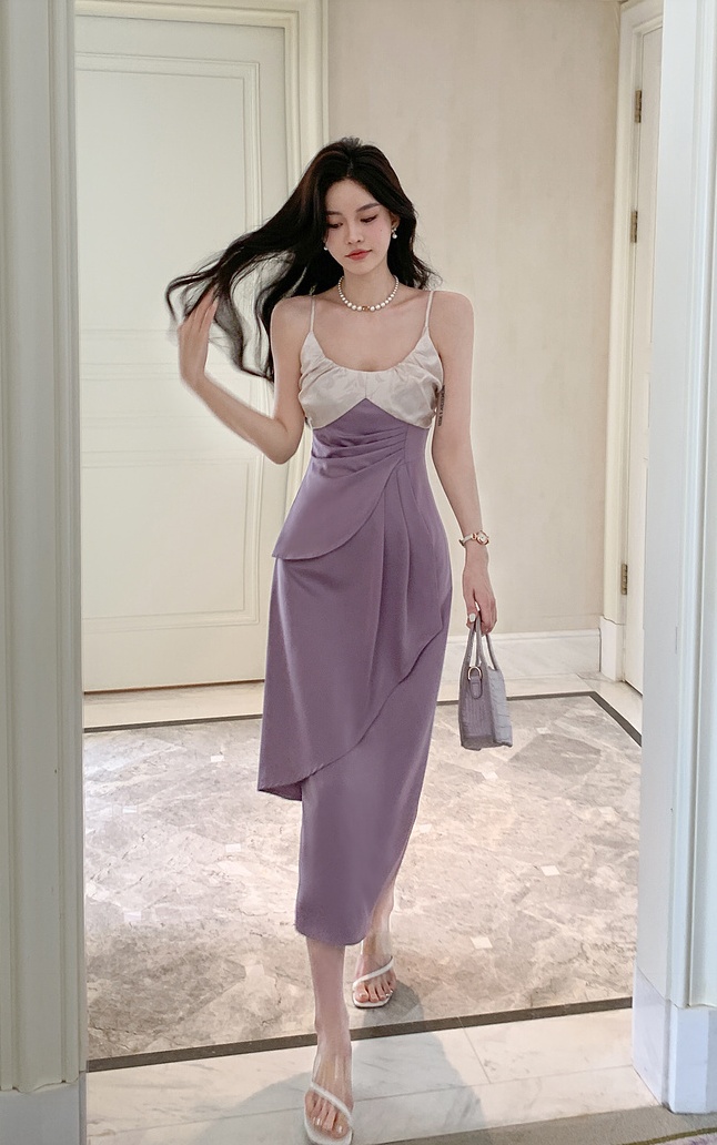 Satin France style strap dress purple mixed colors long dress