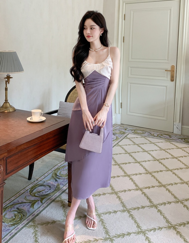 Satin France style strap dress purple mixed colors long dress