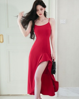 Summer red lotus leaf edges strap dress sexy was white long dress
