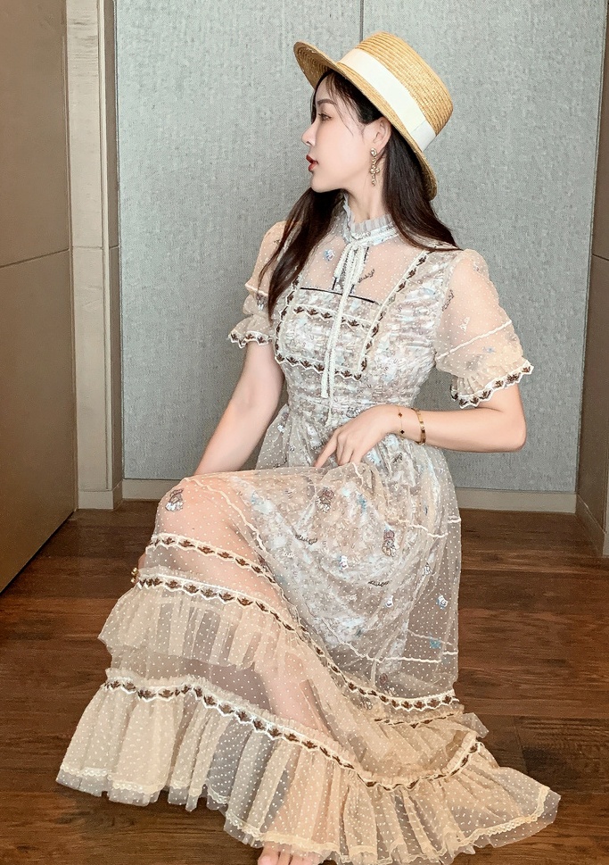 Elegant lace retro France style temperament dress for women