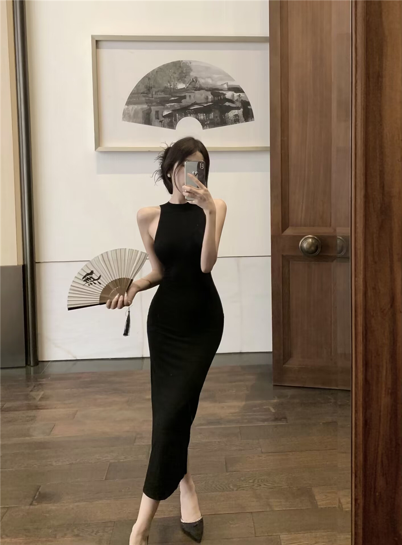 High waist halter package hip black dress for women