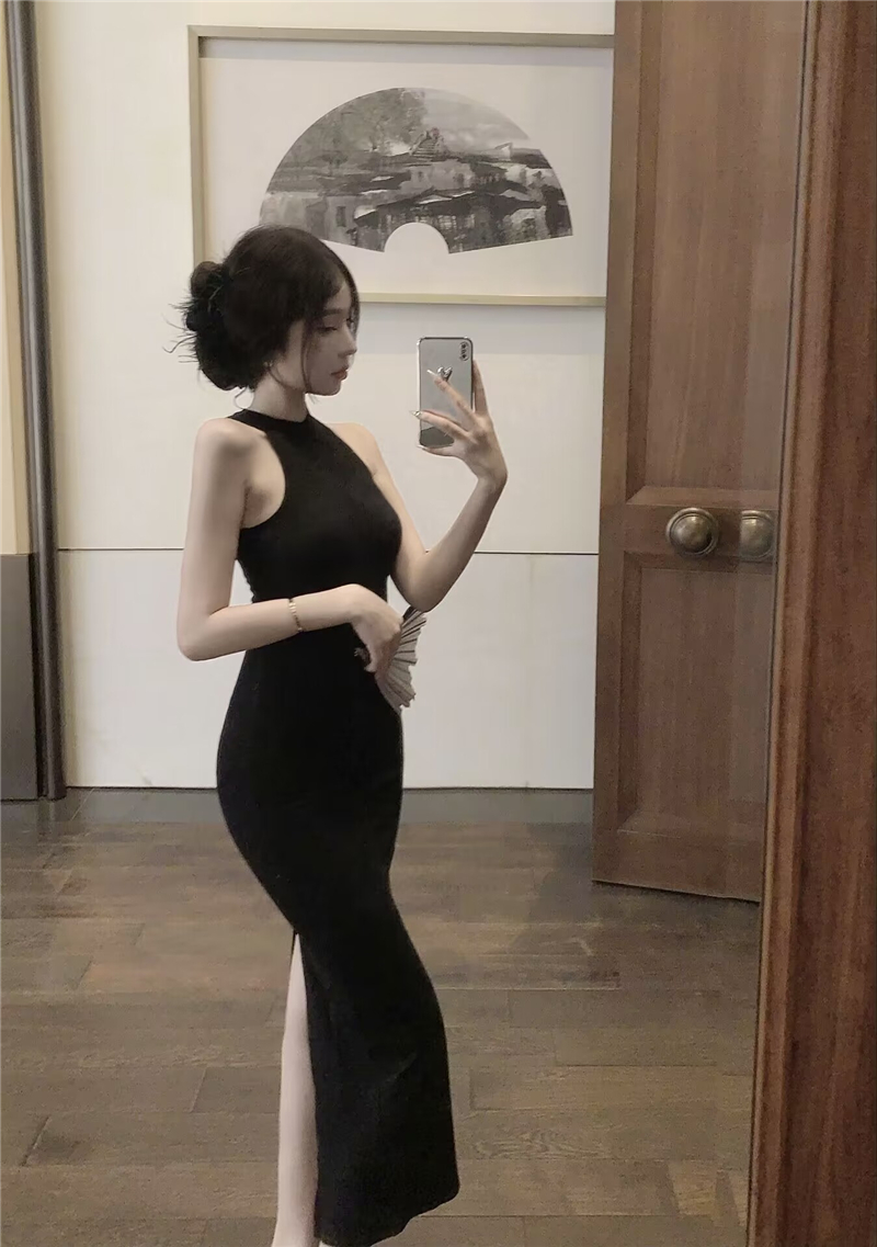 High waist halter package hip black dress for women