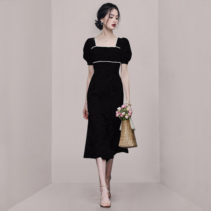 Pinched waist temperament black slim dress for women