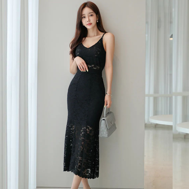 Temperament lace Korean style elegant summer sexy sling dress